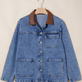 Sky Blue Patchwork Leather Collar Long Sleeve Denim Jacket - Foto 4