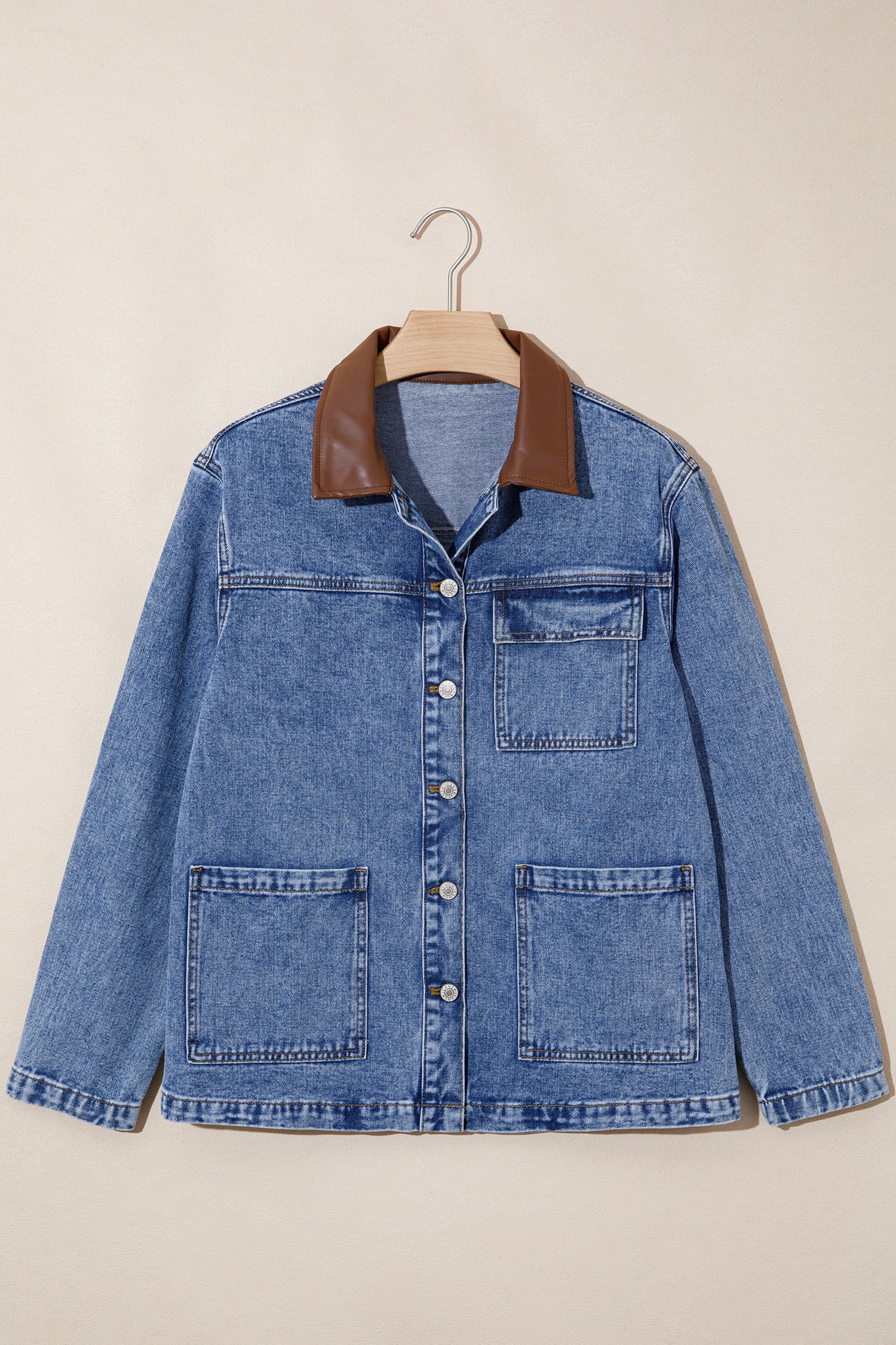 Himmelblauer Patchwork-Lederkragen-Langarm-Jeansjacke