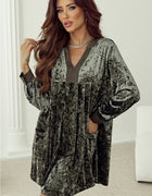 Jungle Green Velvet Long Sleeve V Neck Loose Dress with Pockets