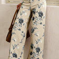 Beige Retro Floral Print Turn-up Cuffed Hem Loose Jeans - Damesmode Afbeelding 1 - Foto 1