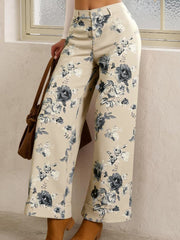 Beige Retro Floral Print Turn-up Cuffed Hem Loose Jeans - Damesmode Afbeelding 1 - Miniatuur