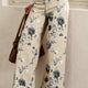 Beige Retro Bloemenprint Turn-up Cuffed Hem Airy Jeans