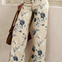 Beige Retro Bloemenprint Turn-up Cuffed Hem Luchtige Jeans