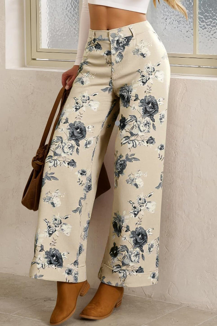 Beige Retro Floral Print Turn-up Cuffed Hem Loose Jeans - Damesmode Afbeelding 1 - Damesmode