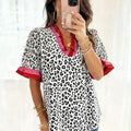 Pink Stripe Ruffled Trim V Neck Leopard Print Short Sleeve Blouse - Foto 5