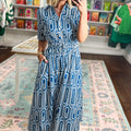 Blue Geometric Print Short Sleeve Drawstring Shirt Collar Dress - Damesmode Afbeelding 3 - Foto 3
