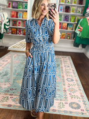 Blauer geometrischer Druck Kurzarm-Kordel-Hemdkragen-Kragen-Kleid – Damesmode Afbeelding 3 - Miniatuur