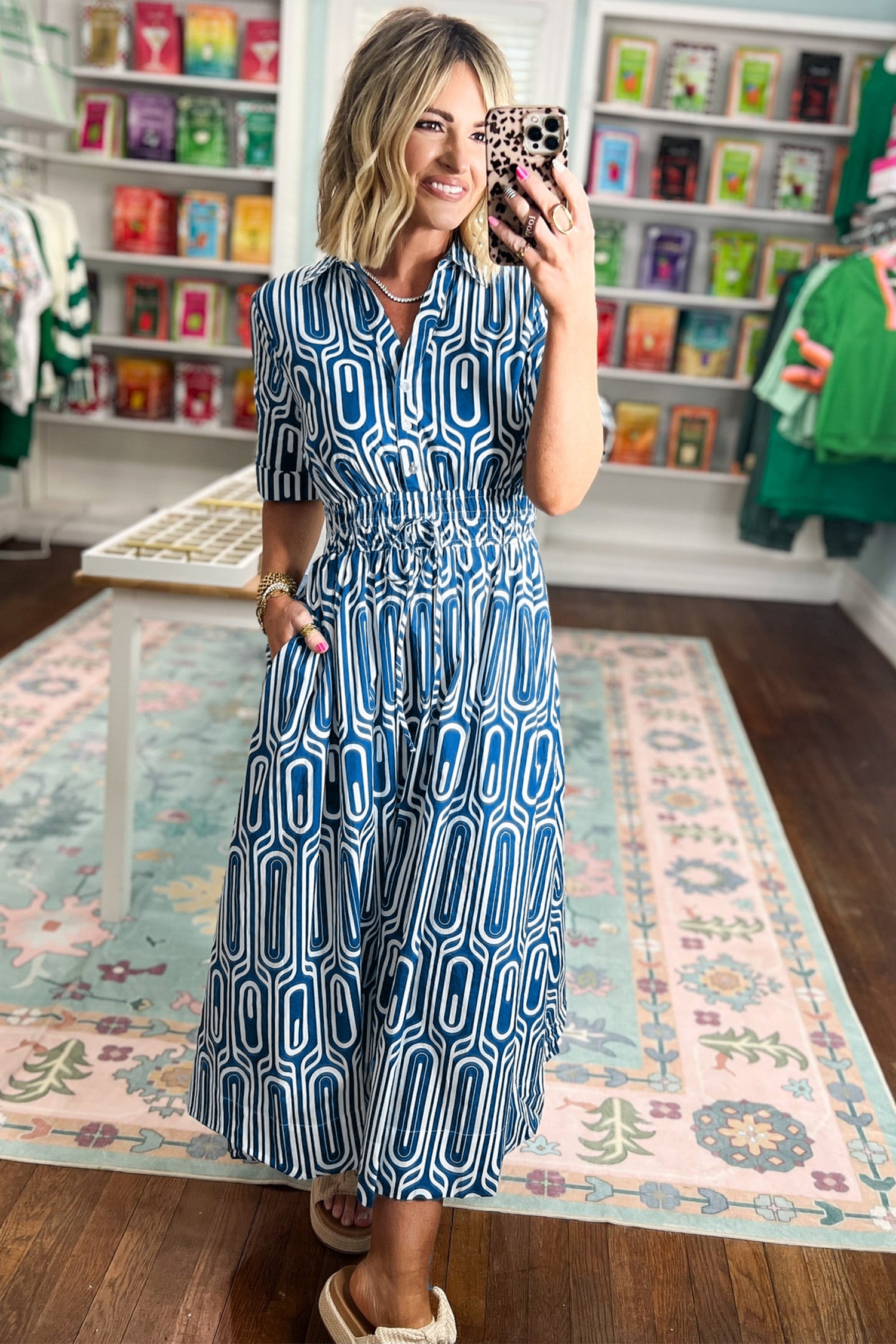 Blue Geometric Print Short Sleeve Drawstring Shirt Collar Dress - Damesmode Afbeelding 3