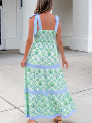 Green Geometric Floral Print Striped Patchwork Detail Sleeveless Dress（Runs Small ） - Miniatuur