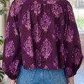 Purple Floral Print Button Front Long Puff Sleeve Shirt - Foto 2