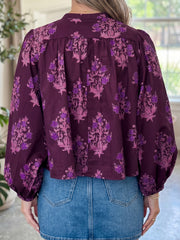 Purple Floral Print Button Front Long Puff Sleeve Shirt - Miniatuur