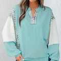Aruba Blue Corded Texture Colorblock Patchwork Split Neck Long Sleeve Top - Damesmode Afbeelding 1 - Foto 1