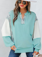 Aruba Blau Kordeltextur Farbblock-Patchwork Spalthals-Langarmshirt – Damesmode Afbeelding 1 - Miniatuur