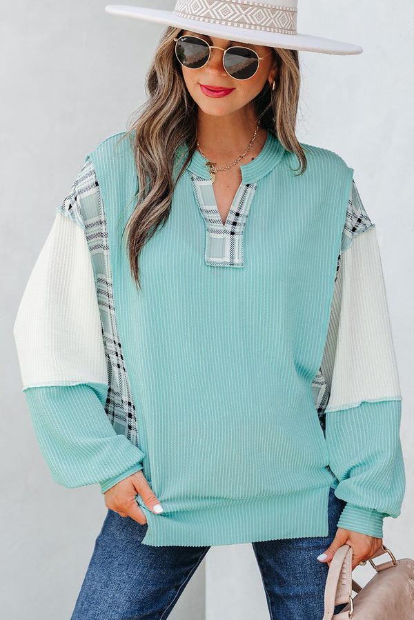 Aruba Blauw Corded Texture Colorblock Patchwork met Split Neck met Lange Mouwen Top - Redblad