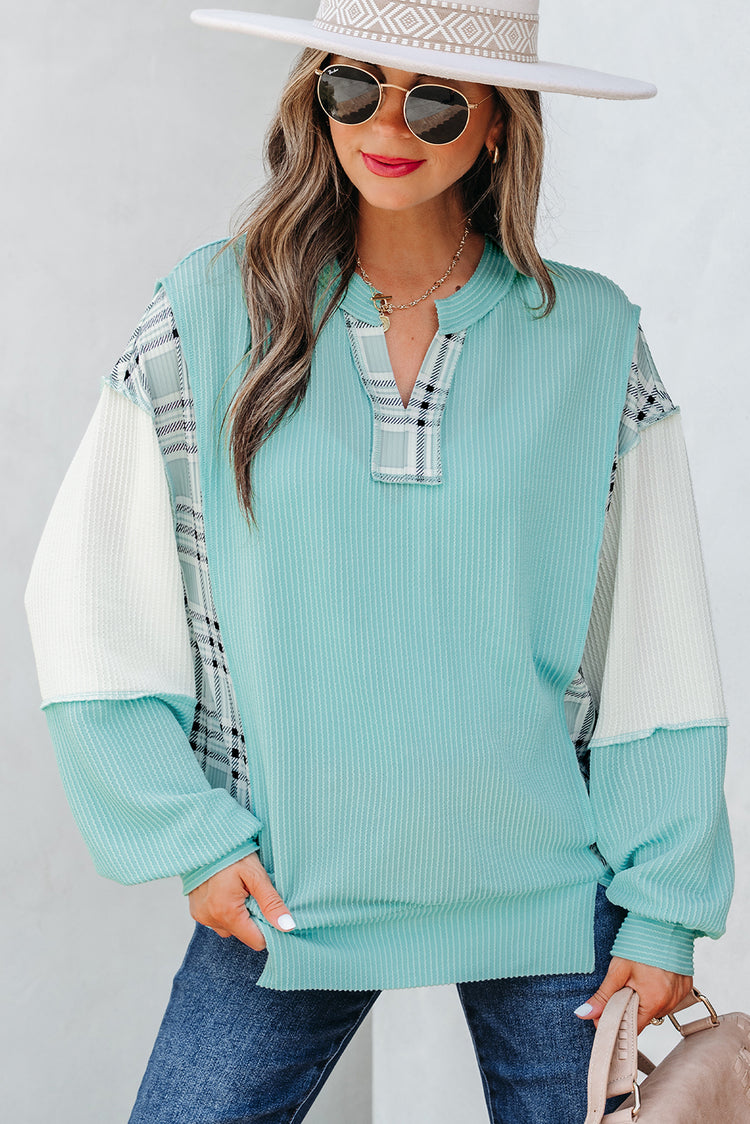 Aruba Blue Corded Texture Colorblock Patchwork Split Neck Long Sleeve Top - Damesmode Afbeelding 1 - Damesmode
