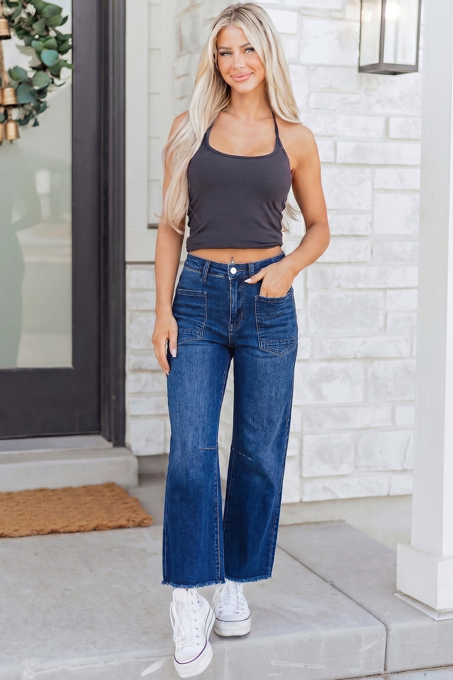 Black Frayed Cropped Barrel Jeans - Damesmode Afbeelding 6