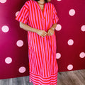 Red Stripe V Neck Cuffed Sleeve Relaxed Split Midi Dress - Foto 4