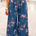 Blue Retro Floral Print Tie Elastic Waist Button Pintuck Wide Leg Jeans - Damesmode Afbeelding 1 - Foto 1