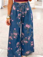 Blue Retro Floral Print Tie Elastic Waist Button Pintuck Wide Leg Jeans - Women's Fashion Image 1 - Miniatuur