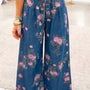 Blue Retro Floral Print Tie Elastic Waist Knot Pintuck Wide Leg Jeans
