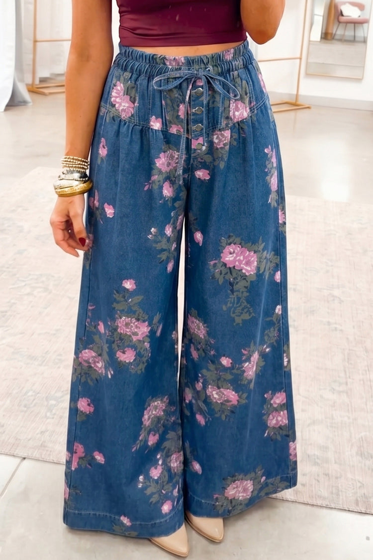 Blue Retro Floral Print Tie Elastic Waist Button Pintuck Wide Leg Jeans - Damesmode Afbeelding 1 - Damesmode