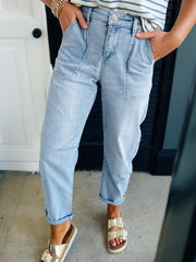 Jeans Beau Blue High Rise Barrel Détendu à poches patch - Damesmode Afbeelding 1 - Miniatuur