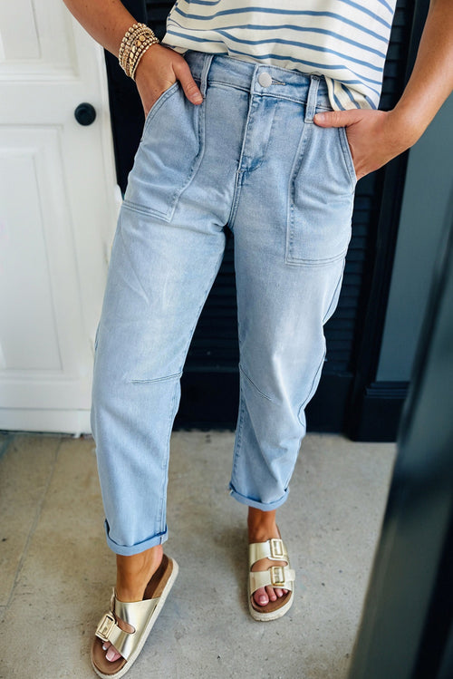 Beau Blue High Rise Barrel Relaxed Patch Pocket Jeans - Damesmode Afbeelding 1
