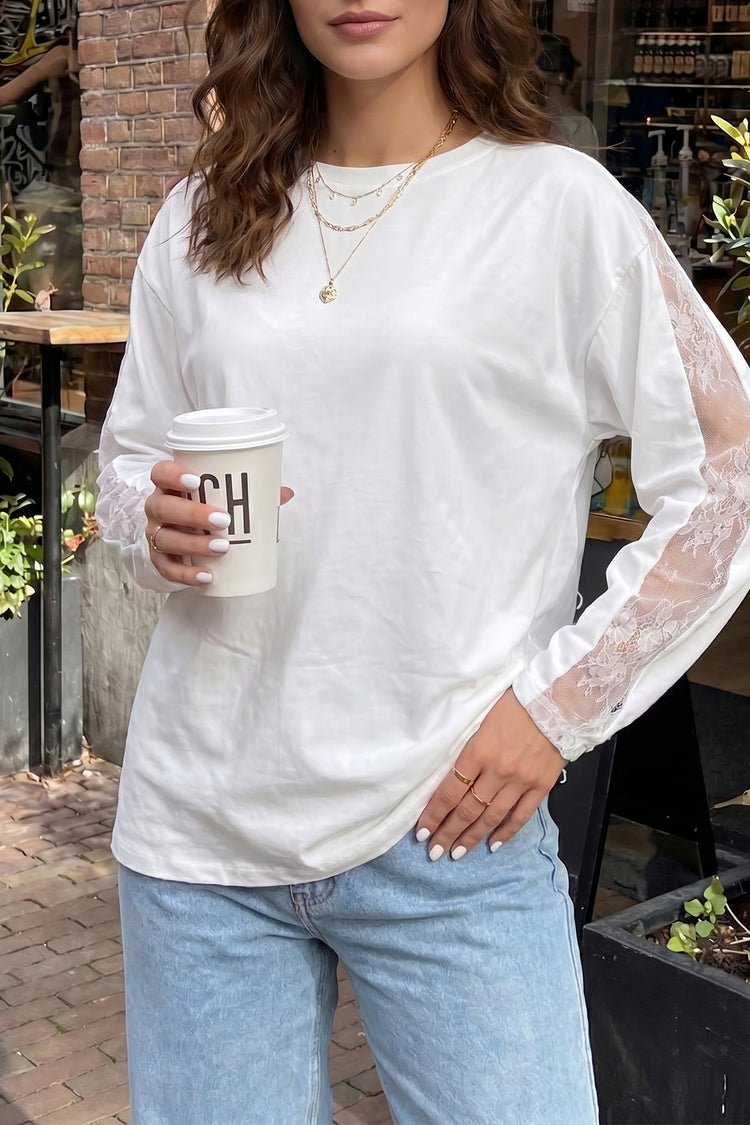 Camiseta de manga larga de encaje blanco con escote redondo - Damesmode