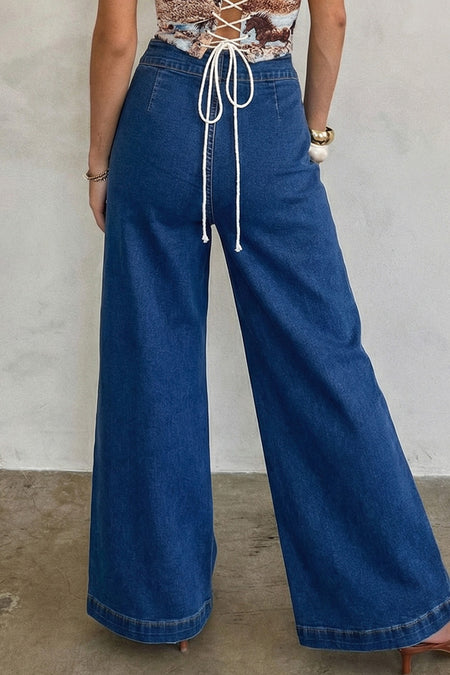 Sail Blauw Hardware Decor Patched Pockets Wide Leg Denim Pants - Detail