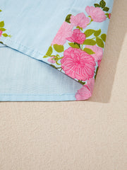 Himmelsblå blommig klänning med kontrast i Ricrac-detalj med bubble sleeve - Miniatuur