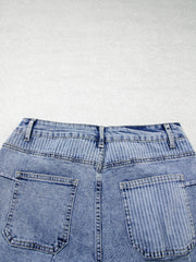 Sky Blue Striped Paisley Mixed Patchwork Raw Hem Denim Shorts - Miniatuur