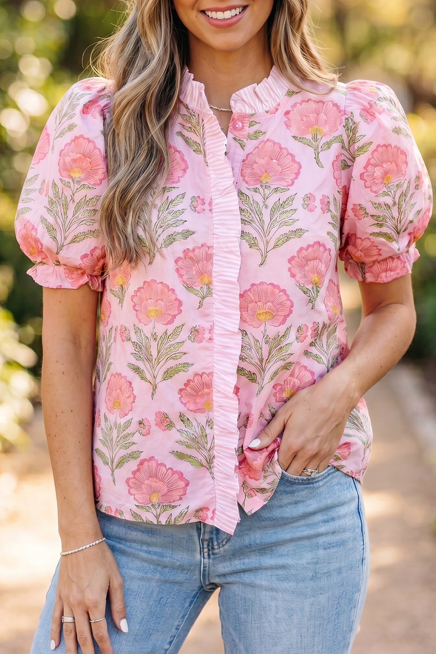 Chemise à manches bouffantes rayées rose Sweet Blooms
