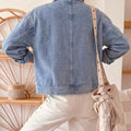 Beau Blue Studded Metal Zipper Rivet Pockets Long Sleeve Denim Jacket - Damesmode Afbeelding 2 - Foto 2