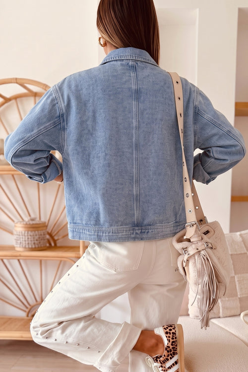 Beau Blue Studded Metal Zipper Rivet Pockets Long Sleeve Denim Jacket - Damesmode Afbeelding 2