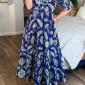 Blue Wild Floral Print Frilled Collar Half Sleeve Long Dress - Damesmode Afbeelding 2 - Foto 2