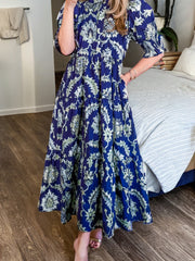 Vestido largo de manga media con cuello floral y volantes azul salvaje - Damesmode Afbeelding 2 - Miniatuur