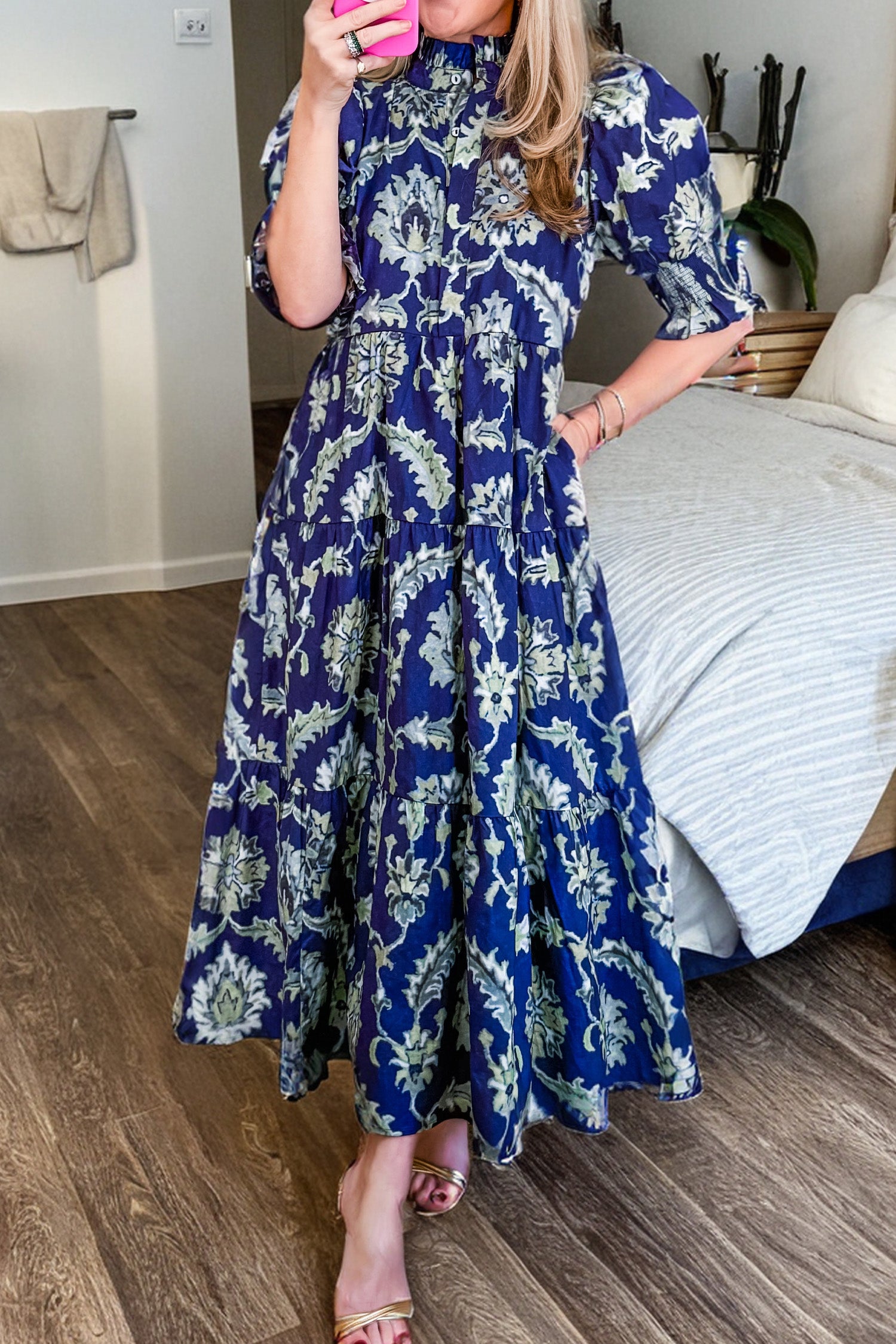 Blue Wild Floral Print Frilled Collar Half Sleeve Long Dress - Damesmode Afbeelding 2