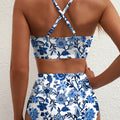 Blue Floral Print Hardware Accent Notched Neck High Waist Bikini Set - Damesmode Afbeelding 3 - Foto 3