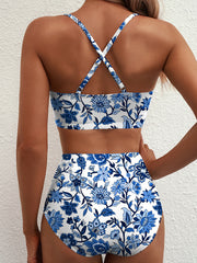 Set bikini a vita alta con accento in stile floreale blu - Damesmode Afbeelding 3 - Miniatuur