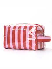 Fiery Red PVC Striped Cosmetic Bag Durable Zipper Handle Travel Organizer - Miniatuur