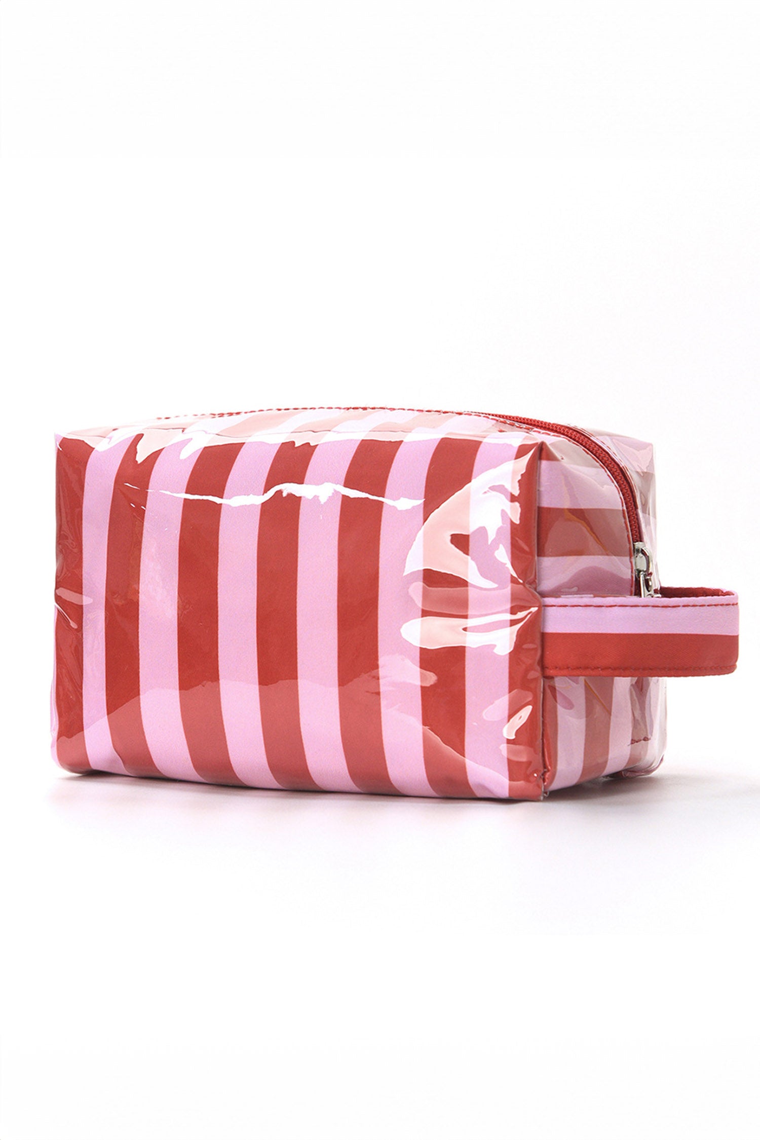 Sac cosmétique en PVC rayé rouge flamboyant Organisateur de voyage durable avec poignée zippée