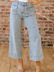 Sky Blue Stripe Button Flap Pocket Cuffed Hem Wide Leg Jeans - Miniatuur