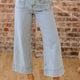 Himmelblo Sträif, Knäppchen, Klapp, Täsch mat Manschetten, breet Jeans mat de Been,