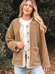 Light French Beige Puffy Plush Corduroy Edge Patchwork Jacket with Big Pockets - Miniatuur
