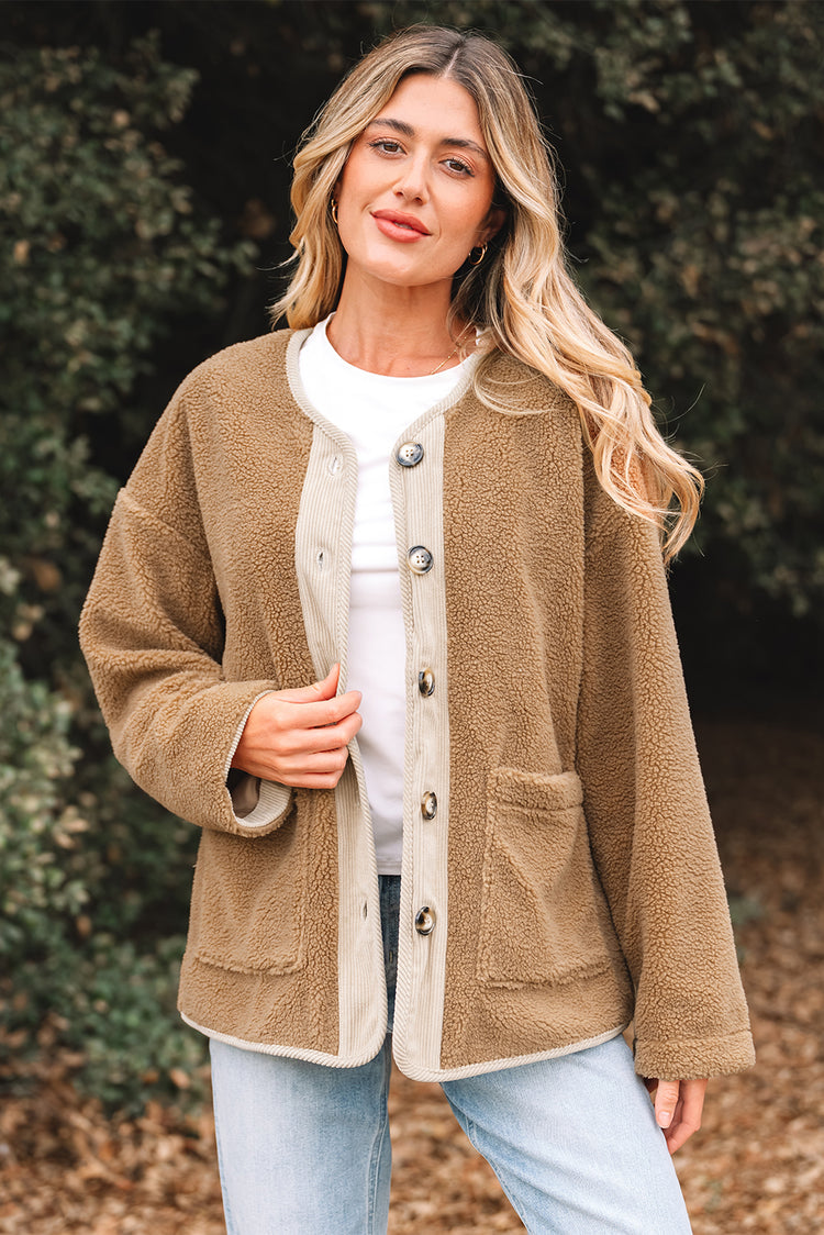 Veste en patchwork en velour côtelé beige français clair, bouffante, avec de grandes poches - Damesmode