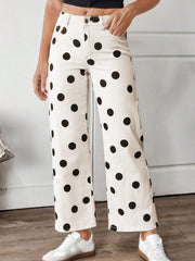 White Polka Dot Print Wide Leg Ankle-Length Jeans - Miniatuur