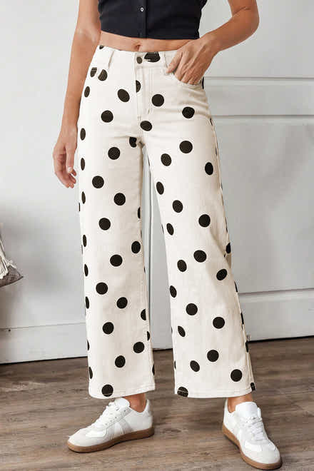 White Polka Dot Print Wide Leg Ankle-Length Jeans
