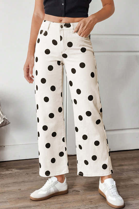 White Polka Dot Print Wide Leg Ankle-Length Jeans