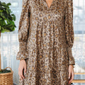 Khaki Leopard Print V Neck Ruffled Sleeve Tiered Loose Mini Dress - Foto 6