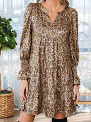 Khaki Leopard Print V Neck Ruffled Sleeve Tiered Loose Mini Dress - Miniatuur